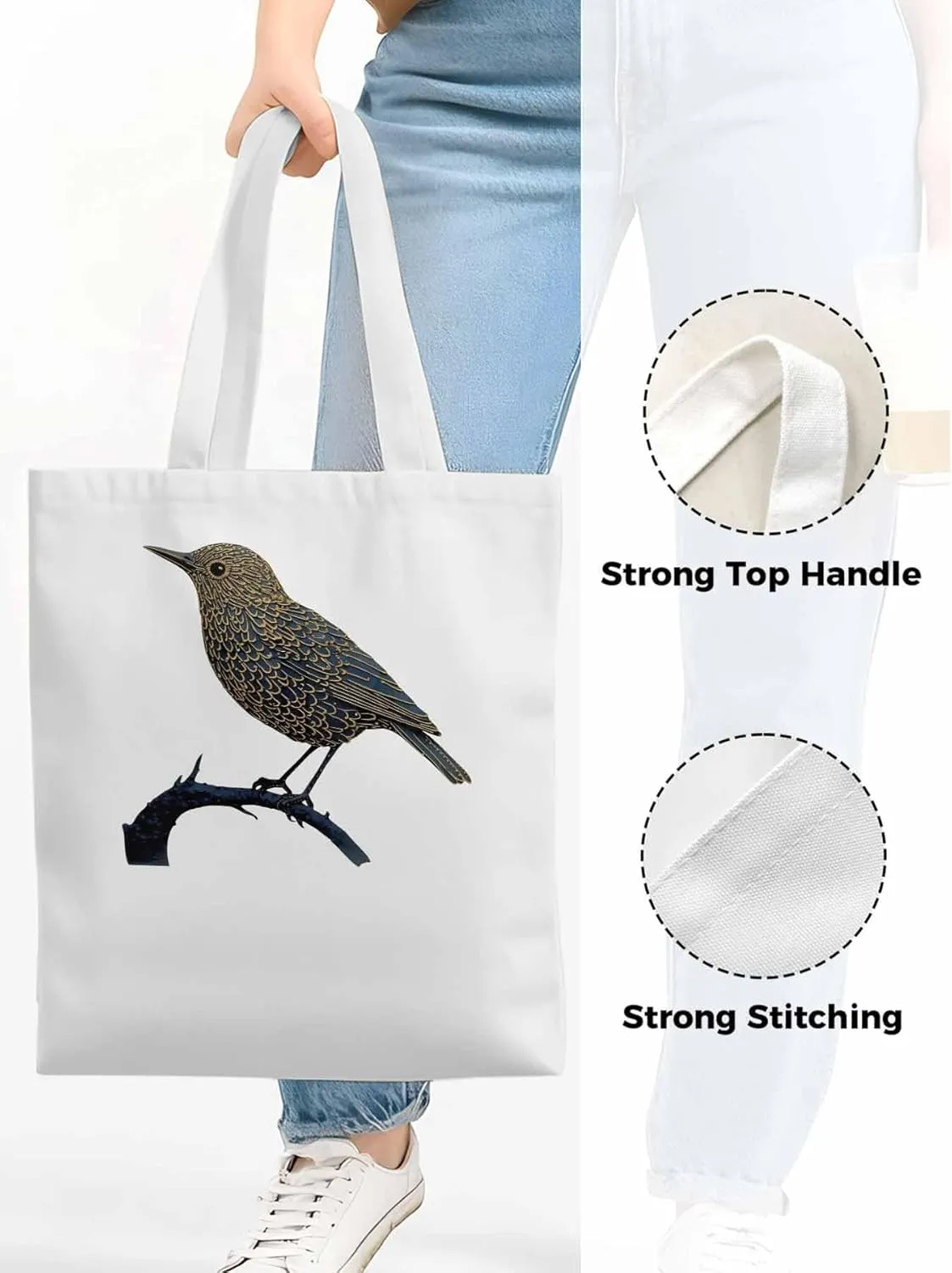 Canvas Tote Bag, Animals Pirnt Aesthetic Canvas Tote Handbags for Women Shoulder Bag Bird on Branch