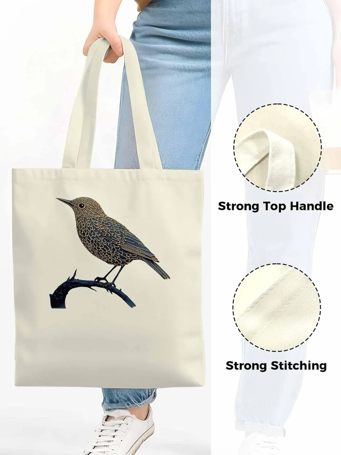 Canvas Tote Bag, Animals Pirnt Aesthetic Canvas Tote Handbags for Women Shoulder Bag Bird on Branch