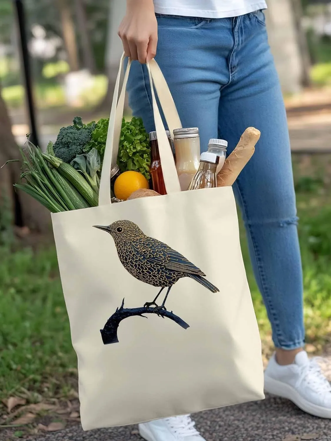 Canvas Tote Bag, Animals Pirnt Aesthetic Canvas Tote Handbags for Women Shoulder Bag Bird on Branch