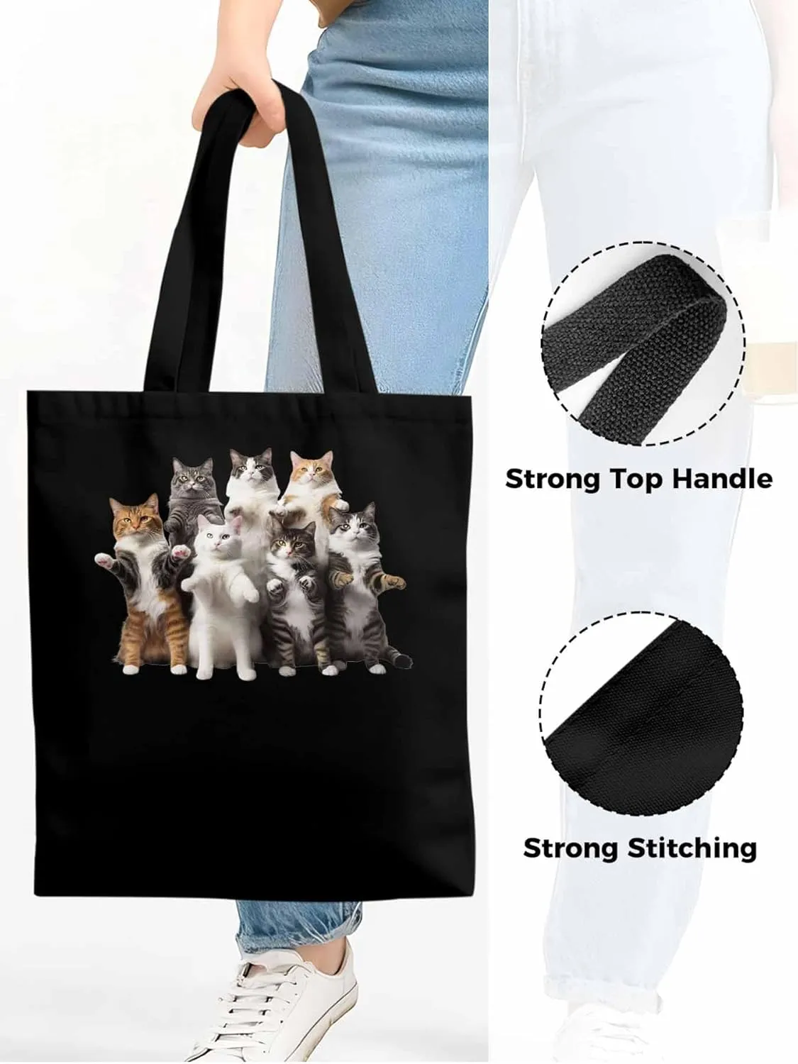 Canvas Tote Bag, Animals Print Aesthetic Canvas Tote Handbags for Women Shoulder Bag Stand Cat