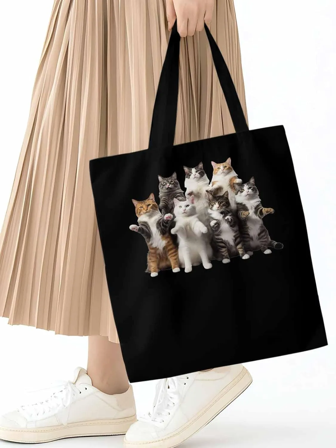 Canvas Tote Bag, Animals Print Aesthetic Canvas Tote Handbags for Women Shoulder Bag Stand Cat