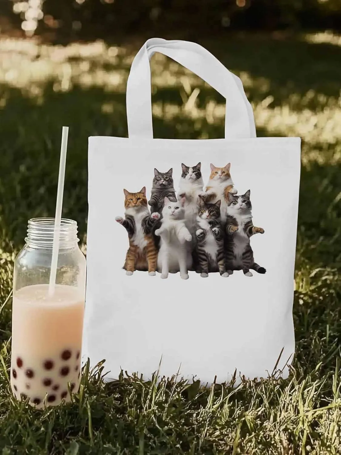 Canvas Tote Bag, Animals Print Aesthetic Canvas Tote Handbags for Women Shoulder Bag Stand Cat