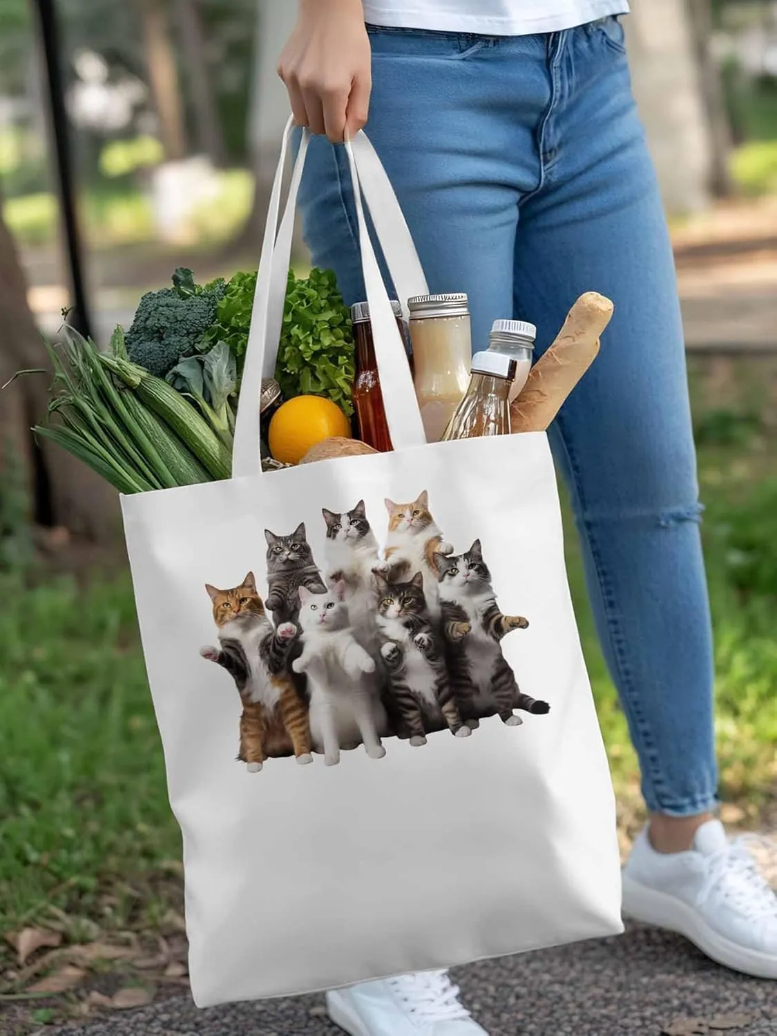 Canvas Tote Bag, Animals Print Aesthetic Canvas Tote Handbags for Women Shoulder Bag Stand Cat