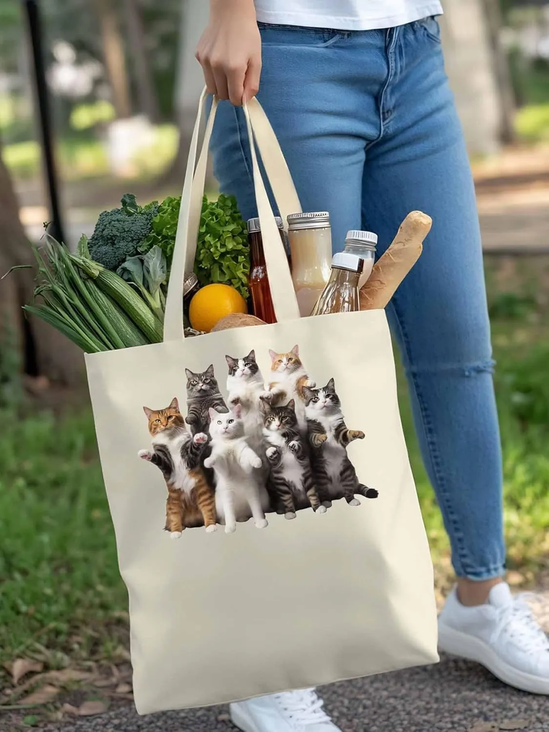 Canvas Tote Bag, Animals Print Aesthetic Canvas Tote Handbags for Women Shoulder Bag Stand Cat