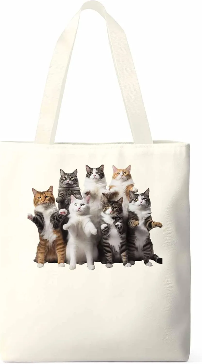 Canvas Tote Bag, Animals Print Aesthetic Canvas Tote Handbags for Women Shoulder Bag Stand Cat