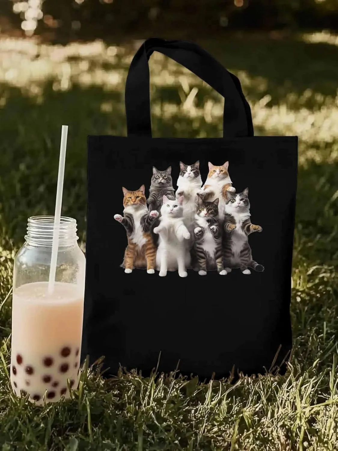 Canvas Tote Bag, Animals Print Aesthetic Canvas Tote Handbags for Women Shoulder Bag Stand Cat