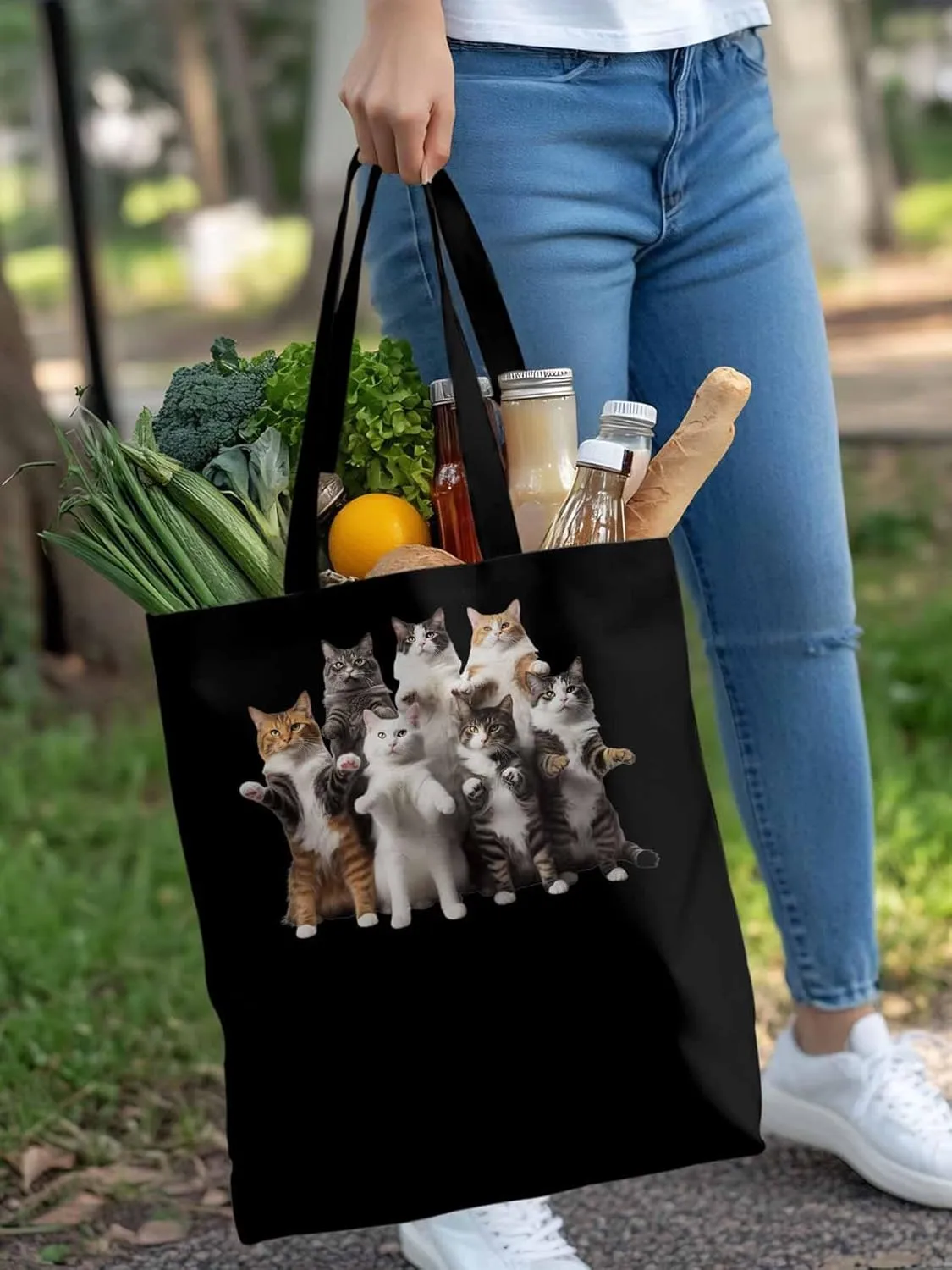 Canvas Tote Bag, Animals Print Aesthetic Canvas Tote Handbags for Women Shoulder Bag Stand Cat