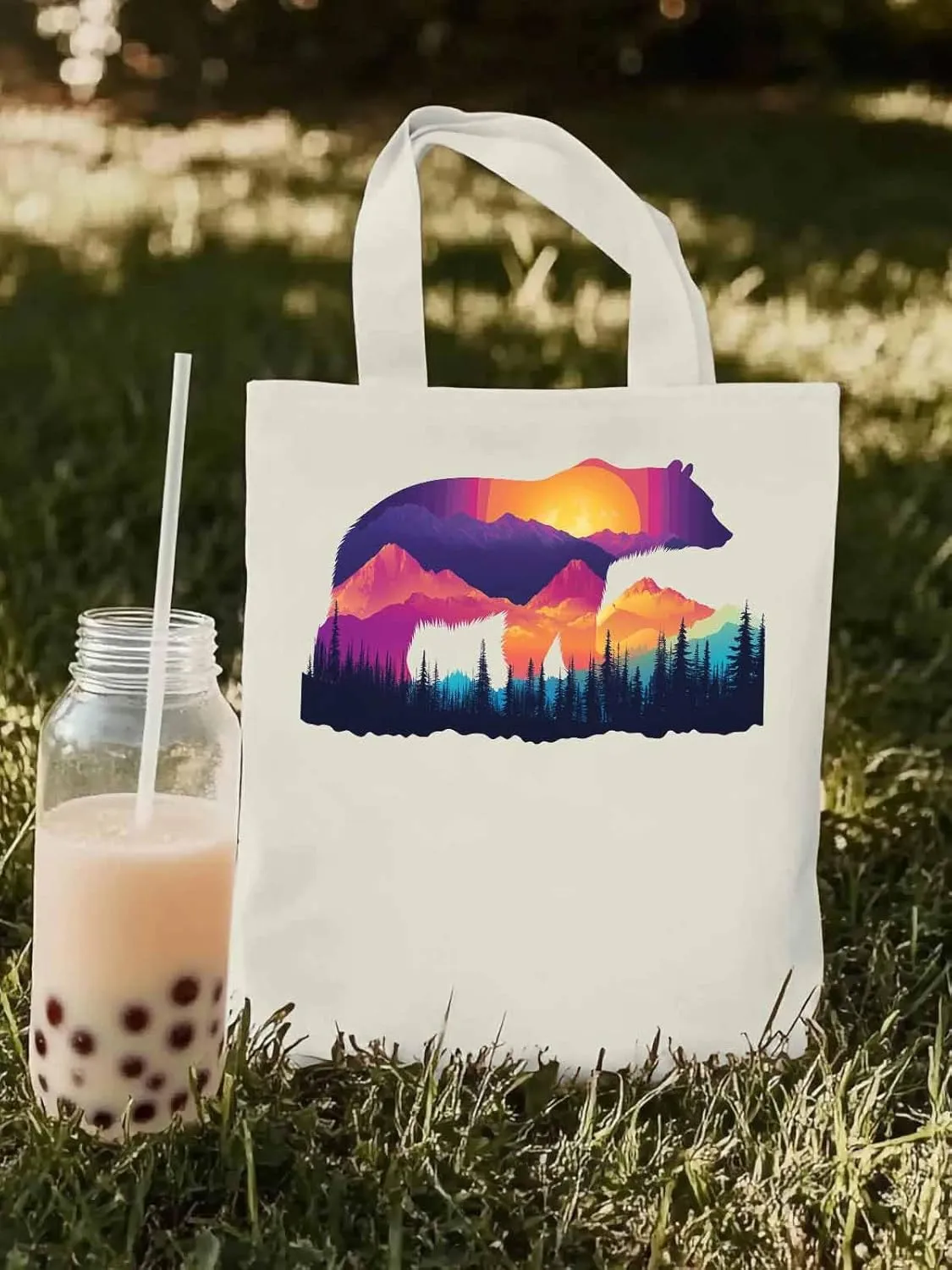Canvas Tote Bag, Bear Mountain Abstract Mountain Forest Aesthetic Canvas Tote Handbags for Women Shoulder Bag