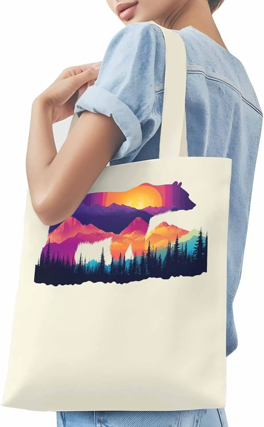 Canvas Tote Bag, Bear Mountain Abstract Mountain Forest Aesthetic Canvas Tote Handbags for Women Shoulder Bag