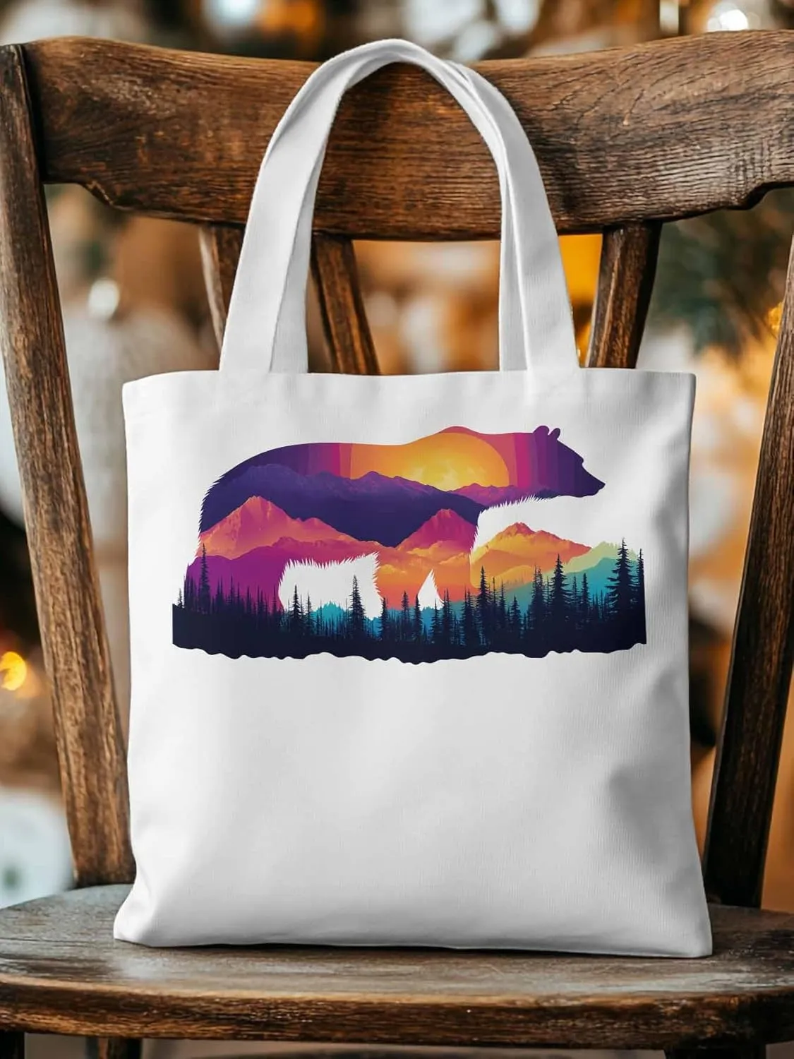 Canvas Tote Bag, Bear Mountain Abstract Mountain Forest Aesthetic Canvas Tote Handbags for Women Shoulder Bag