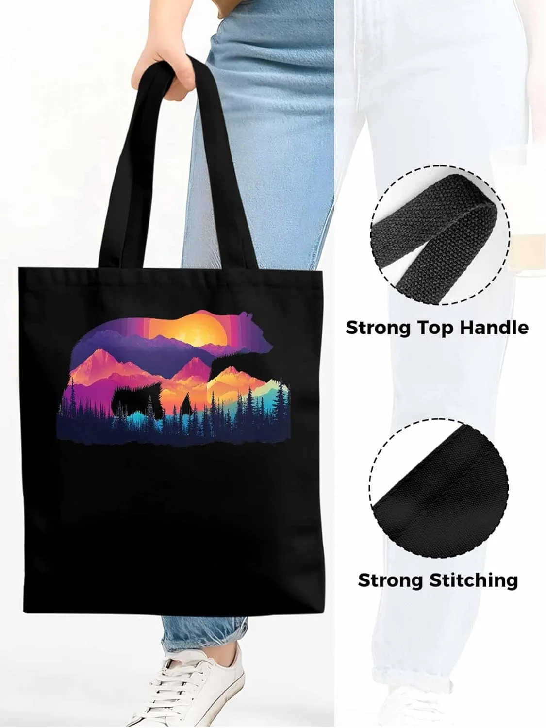 Canvas Tote Bag, Bear Mountain Abstract Mountain Forest Aesthetic Canvas Tote Handbags for Women Shoulder Bag