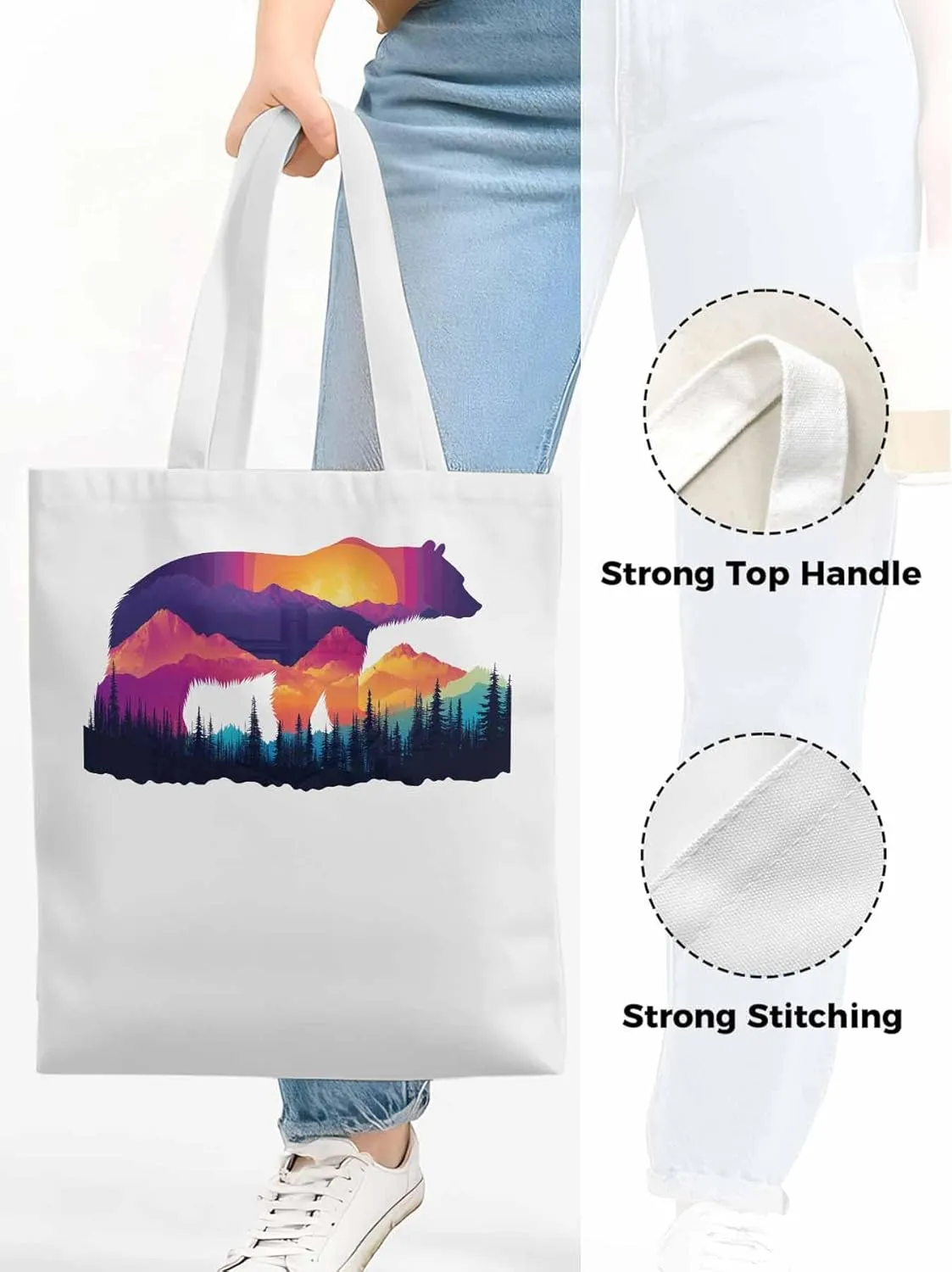 Canvas Tote Bag, Bear Mountain Abstract Mountain Forest Aesthetic Canvas Tote Handbags for Women Shoulder Bag