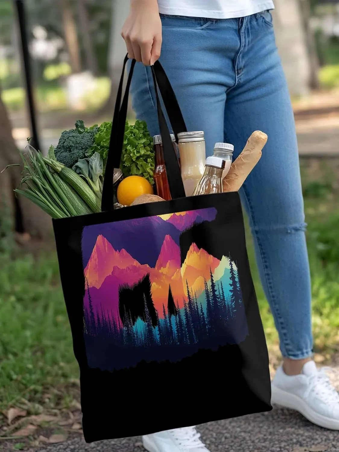 Canvas Tote Bag, Bear Mountain Abstract Mountain Forest Aesthetic Canvas Tote Handbags for Women Shoulder Bag