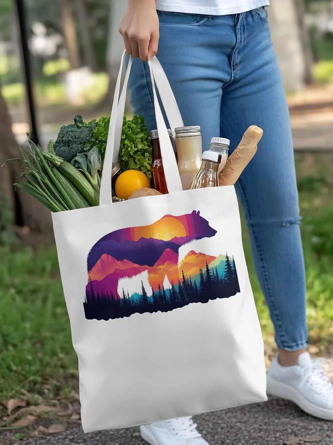 Canvas Tote Bag, Bear Mountain Abstract Mountain Forest Aesthetic Canvas Tote Handbags for Women Shoulder Bag