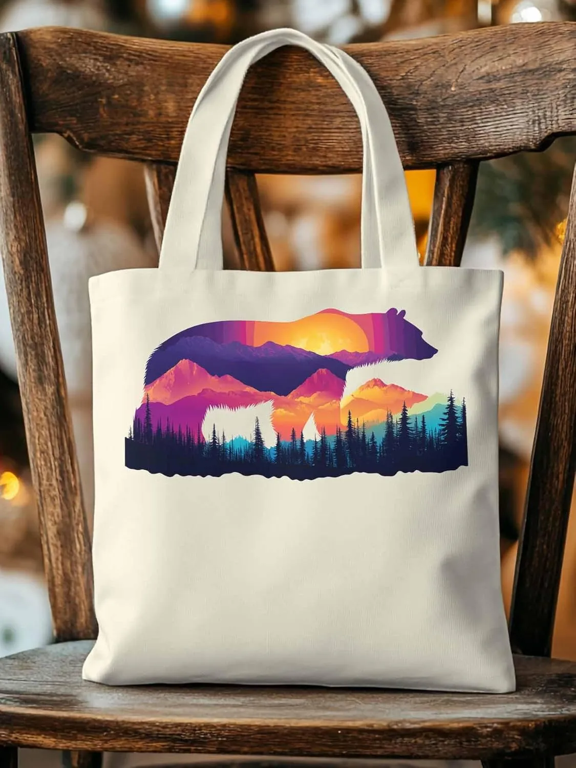 Canvas Tote Bag, Bear Mountain Abstract Mountain Forest Aesthetic Canvas Tote Handbags for Women Shoulder Bag