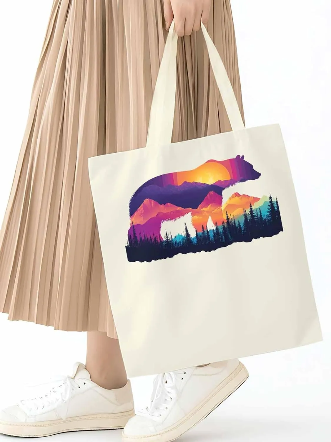 Canvas Tote Bag, Bear Mountain Abstract Mountain Forest Aesthetic Canvas Tote Handbags for Women Shoulder Bag