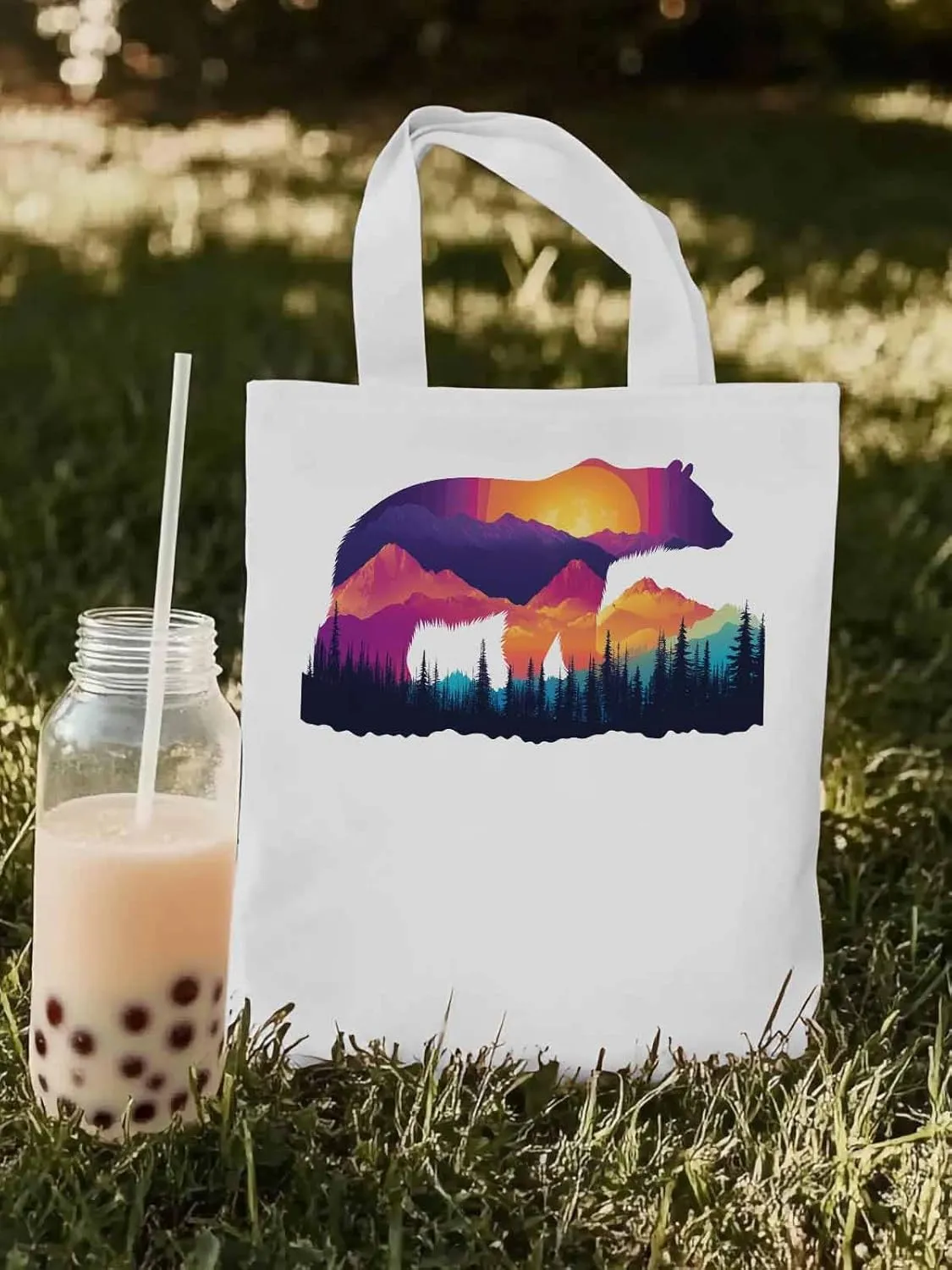Canvas Tote Bag, Bear Mountain Abstract Mountain Forest Aesthetic Canvas Tote Handbags for Women Shoulder Bag