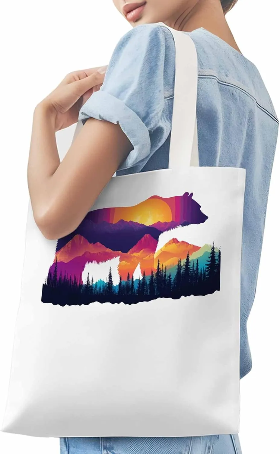 Canvas Tote Bag, Bear Mountain Abstract Mountain Forest Aesthetic Canvas Tote Handbags for Women Shoulder Bag