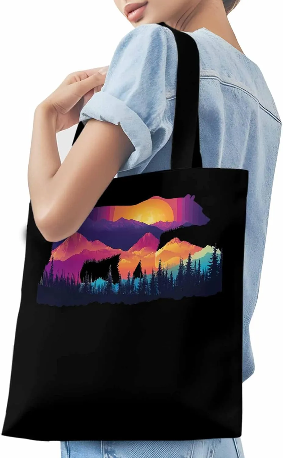 Canvas Tote Bag, Bear Mountain Abstract Mountain Forest Aesthetic Canvas Tote Handbags for Women Shoulder Bag