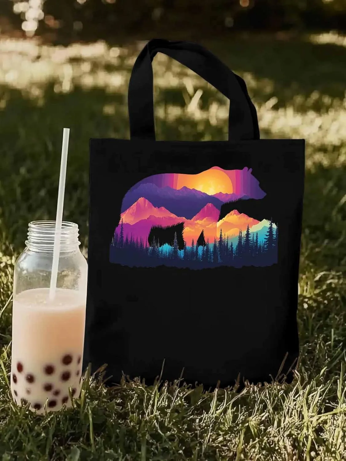Canvas Tote Bag, Bear Mountain Abstract Mountain Forest Aesthetic Canvas Tote Handbags for Women Shoulder Bag