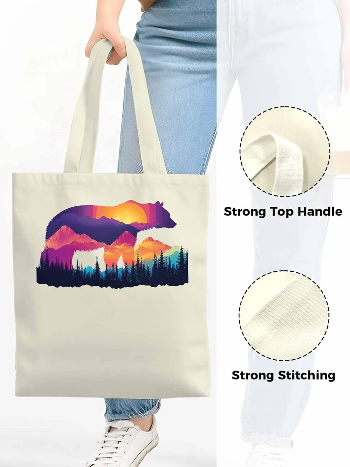Canvas Tote Bag, Bear Mountain Abstract Mountain Forest Aesthetic Canvas Tote Handbags for Women Shoulder Bag