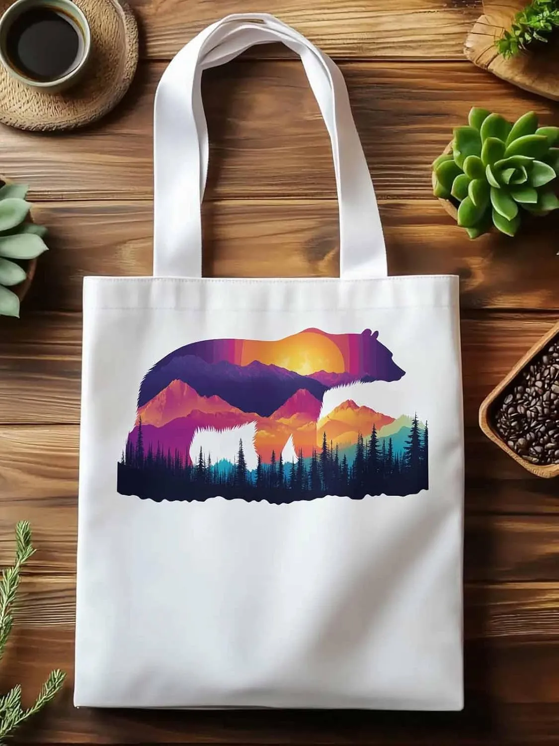 Canvas Tote Bag, Bear Mountain Abstract Mountain Forest Aesthetic Canvas Tote Handbags for Women Shoulder Bag