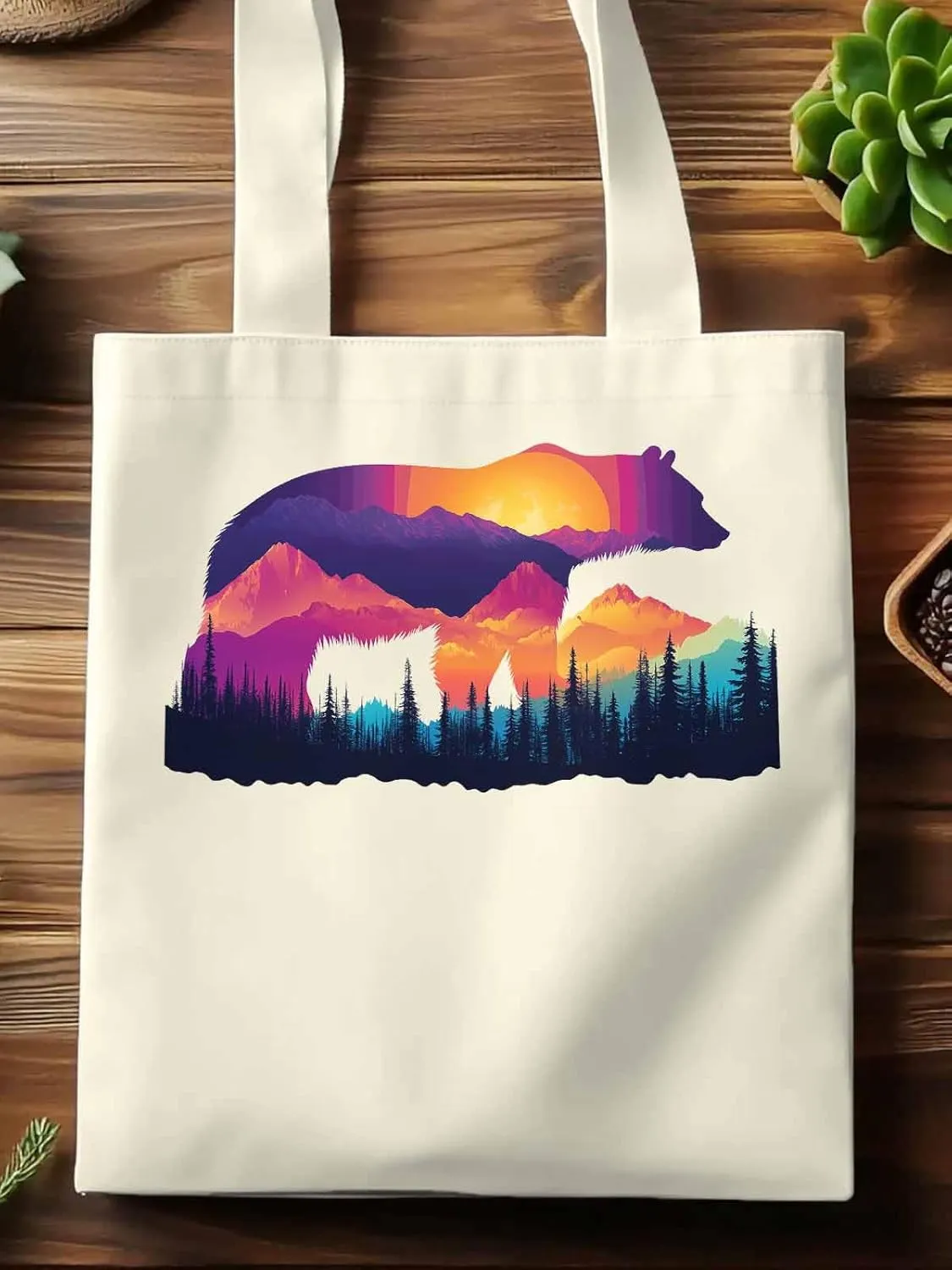 Canvas Tote Bag, Bear Mountain Abstract Mountain Forest Aesthetic Canvas Tote Handbags for Women Shoulder Bag