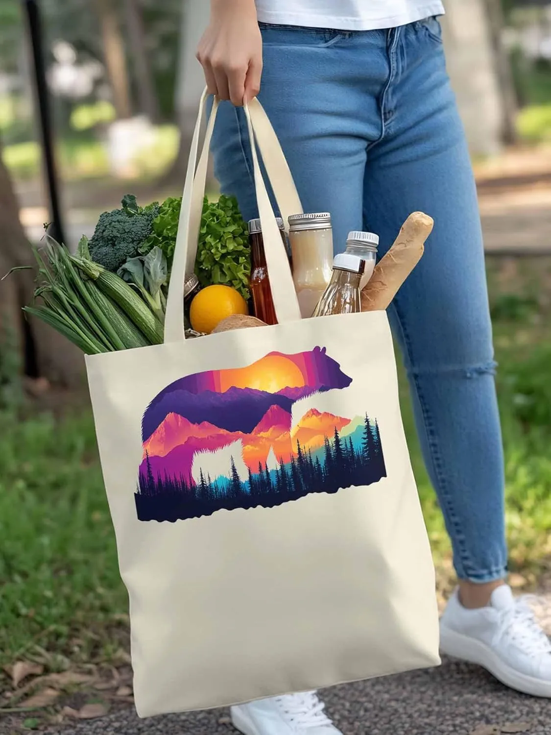 Canvas Tote Bag, Bear Mountain Abstract Mountain Forest Aesthetic Canvas Tote Handbags for Women Shoulder Bag
