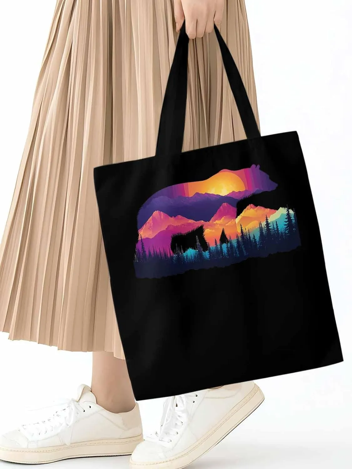 Canvas Tote Bag, Bear Mountain Abstract Mountain Forest Aesthetic Canvas Tote Handbags for Women Shoulder Bag