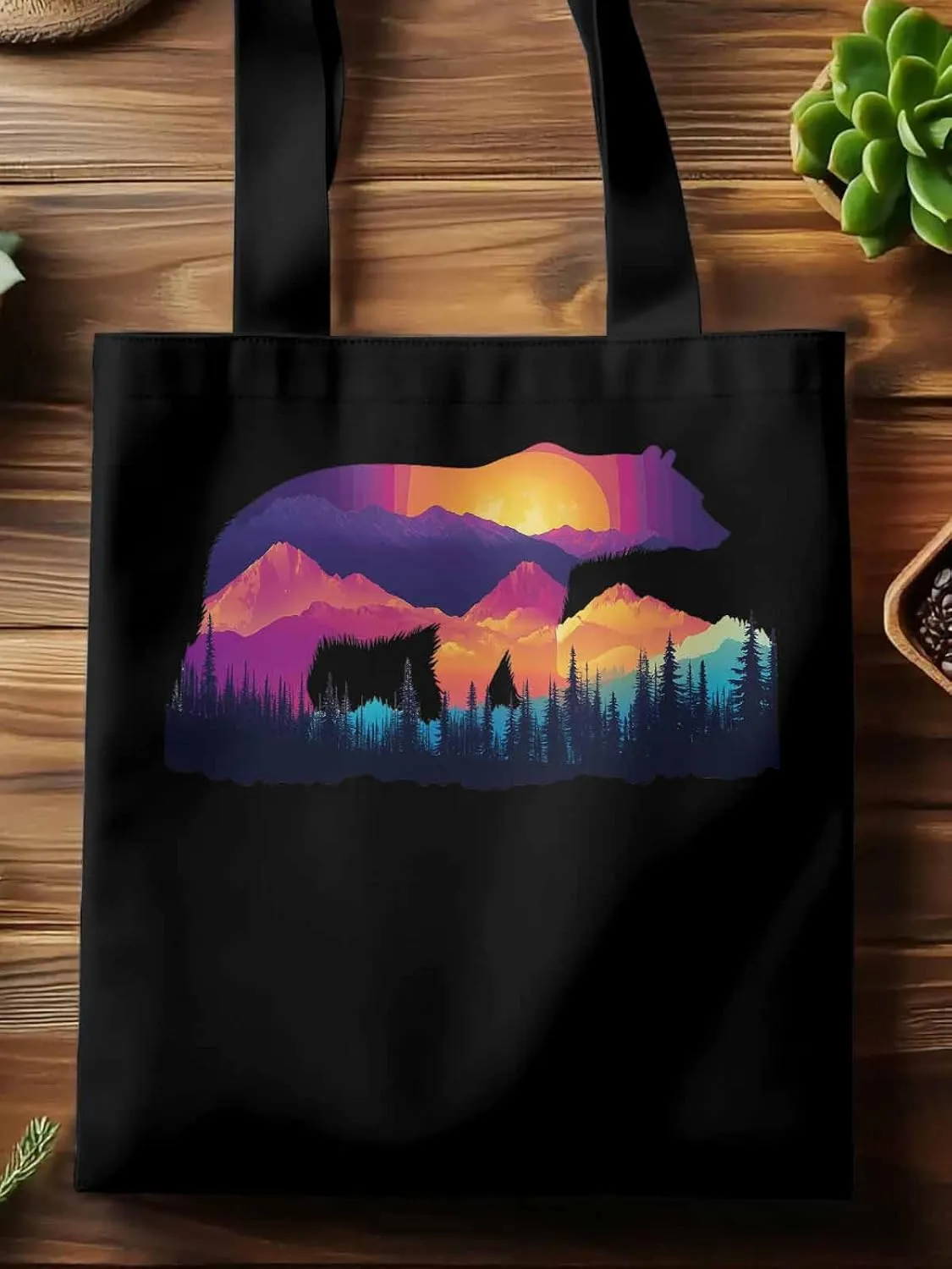 Canvas Tote Bag, Bear Mountain Abstract Mountain Forest Aesthetic Canvas Tote Handbags for Women Shoulder Bag