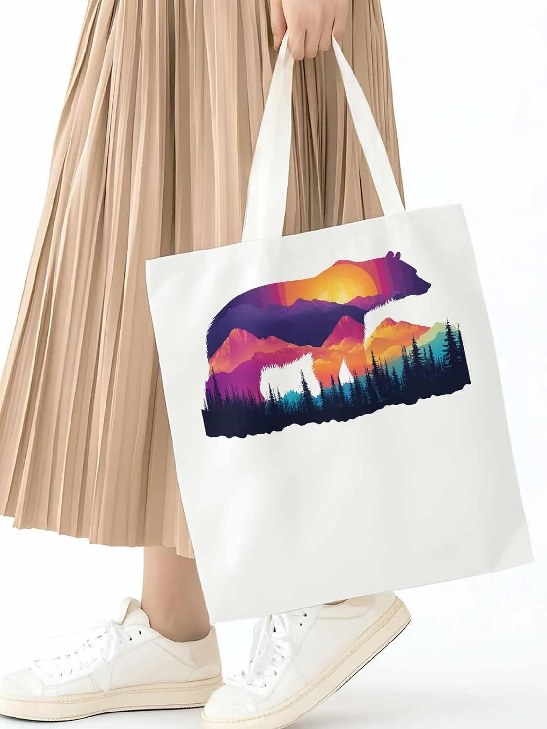 Canvas Tote Bag, Bear Mountain Abstract Mountain Forest Aesthetic Canvas Tote Handbags for Women Shoulder Bag