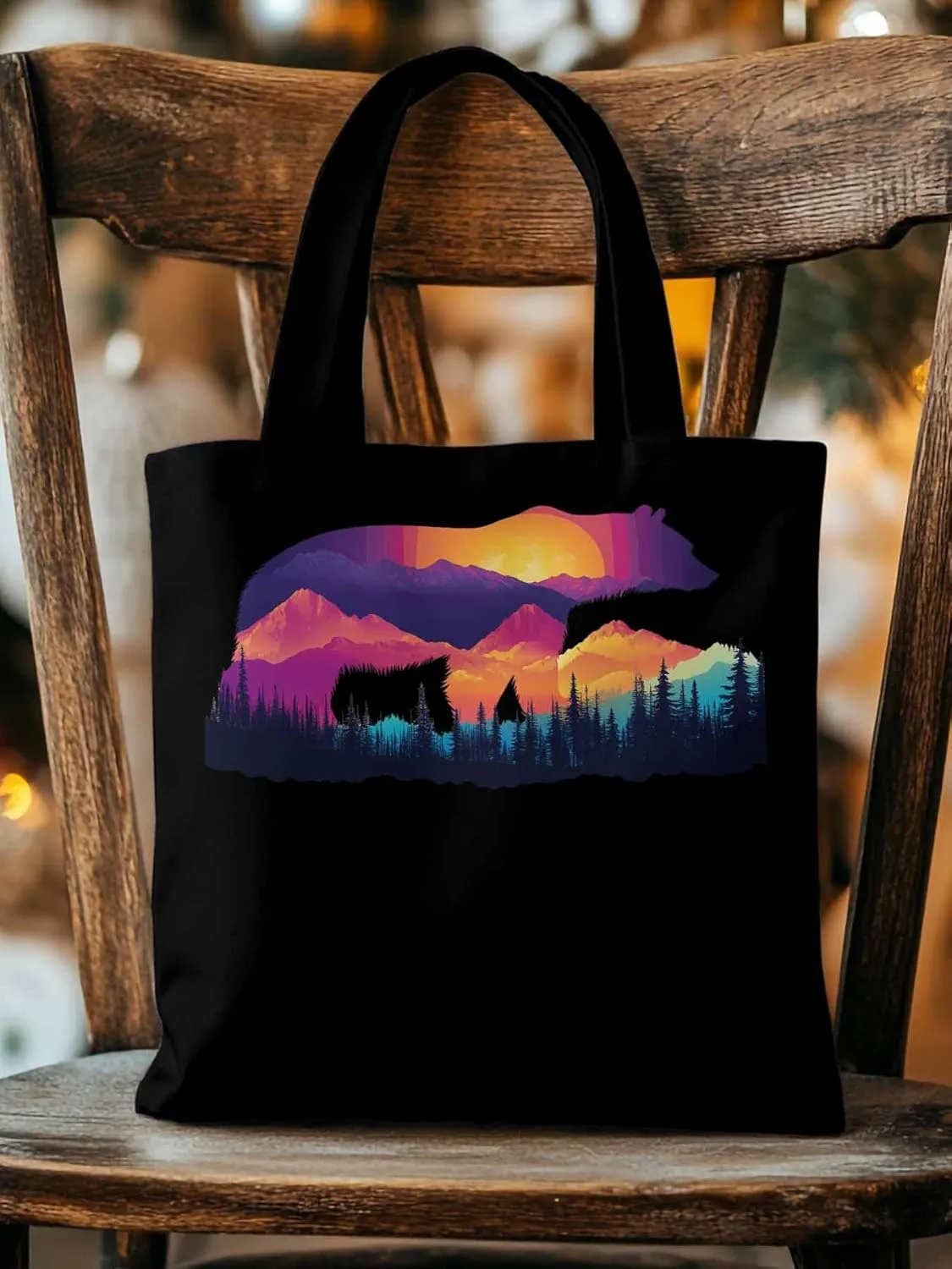 Canvas Tote Bag, Bear Mountain Abstract Mountain Forest Aesthetic Canvas Tote Handbags for Women Shoulder Bag