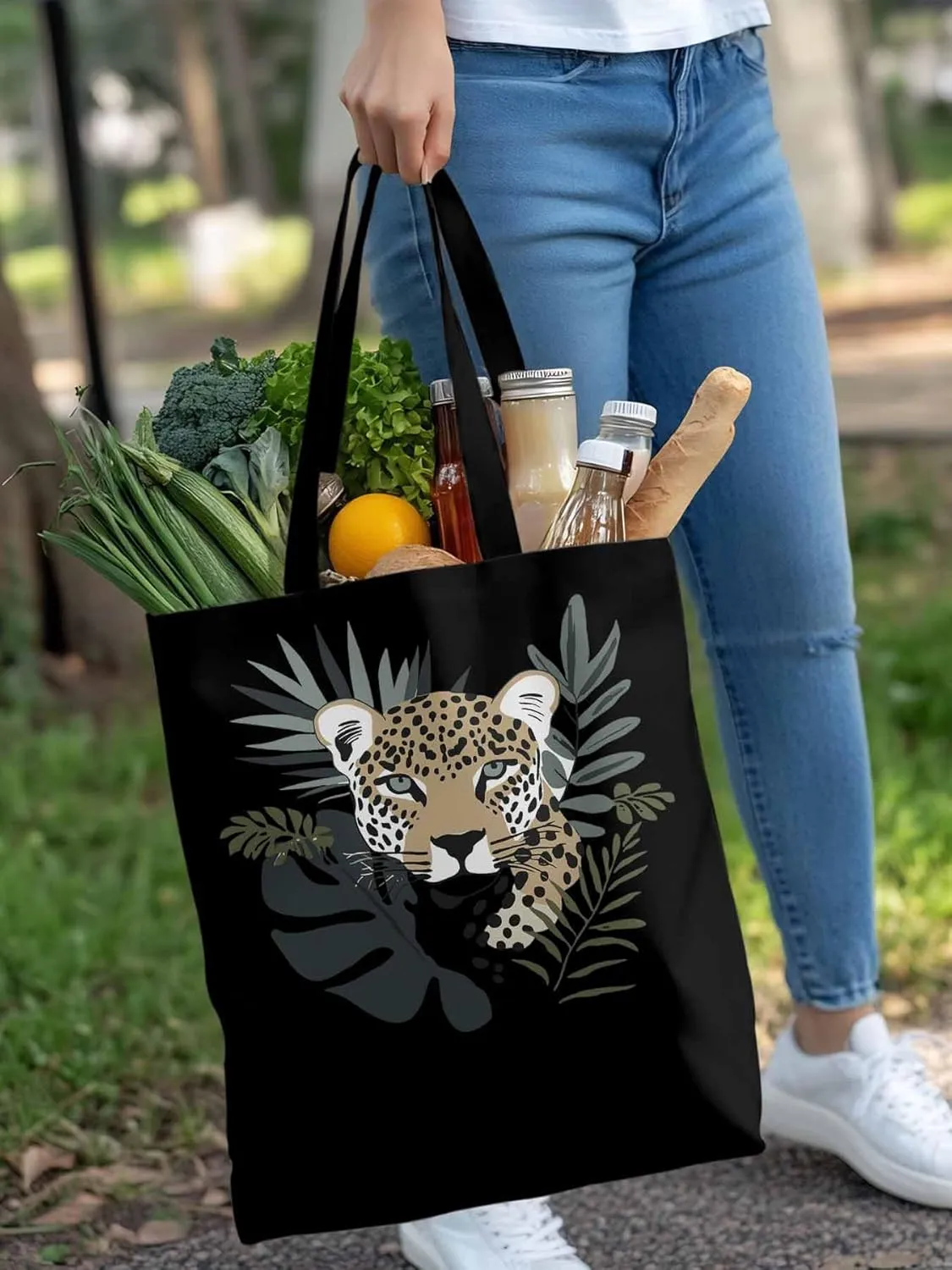 Canvas Tote Bag, Bohemia Tropical Jaguars Aesthetic Canvas Tote Handbags for Women Shoulder Bag,