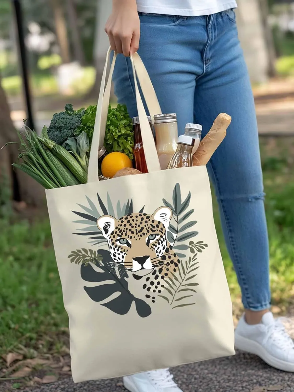 Canvas Tote Bag, Bohemia Tropical Jaguars Aesthetic Canvas Tote Handbags for Women Shoulder Bag,