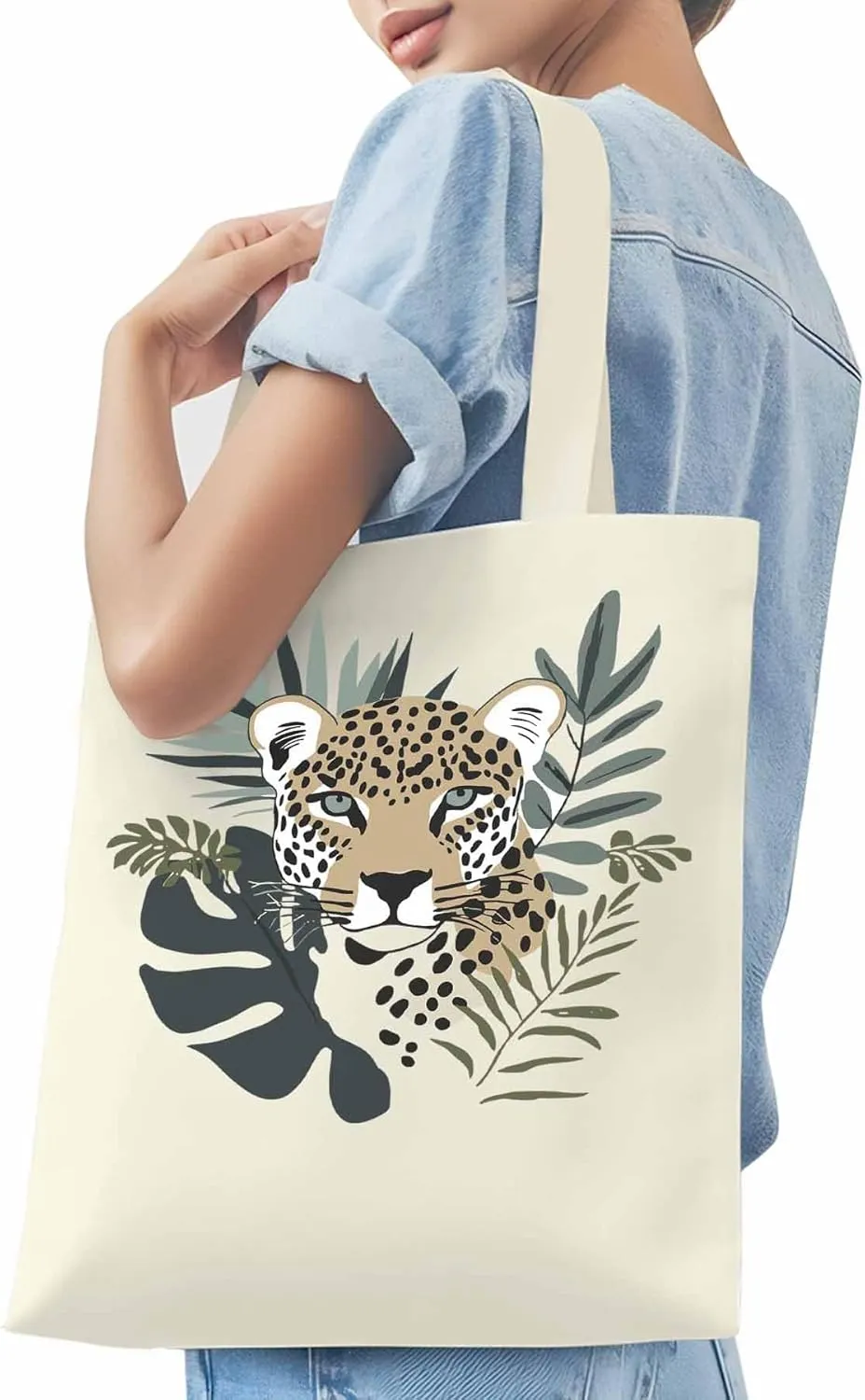 Canvas Tote Bag, Bohemia Tropical Jaguars Aesthetic Canvas Tote Handbags for Women Shoulder Bag,