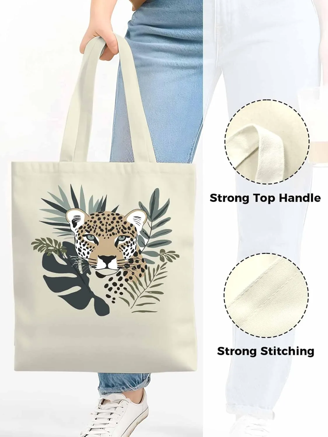 Canvas Tote Bag, Bohemia Tropical Jaguars Aesthetic Canvas Tote Handbags for Women Shoulder Bag,