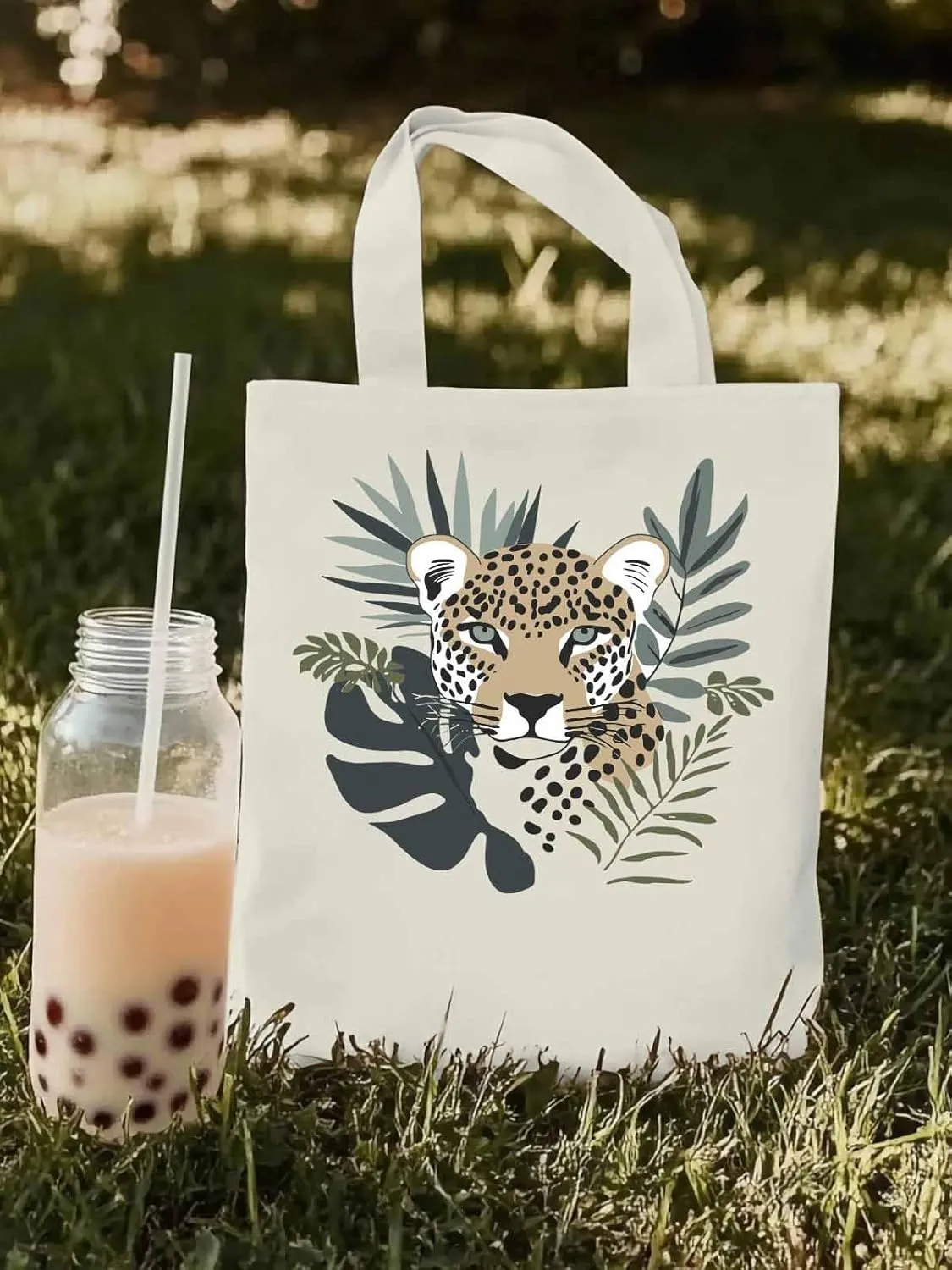Canvas Tote Bag, Bohemia Tropical Jaguars Aesthetic Canvas Tote Handbags for Women Shoulder Bag,
