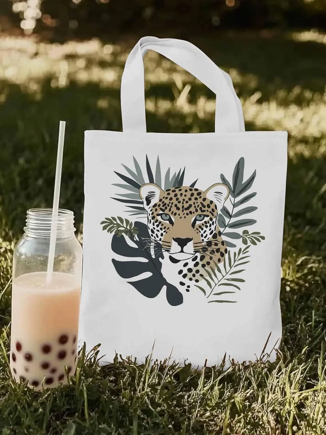 Canvas Tote Bag, Bohemia Tropical Jaguars Aesthetic Canvas Tote Handbags for Women Shoulder Bag,