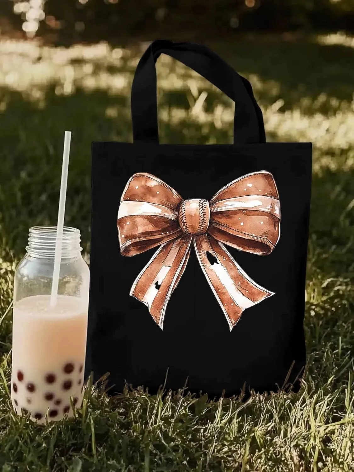 Canvas Tote Bag, Brown Bow Vintage Ribbon Aesthetic Canvas Tote Handbags for Women Shoulder Bag