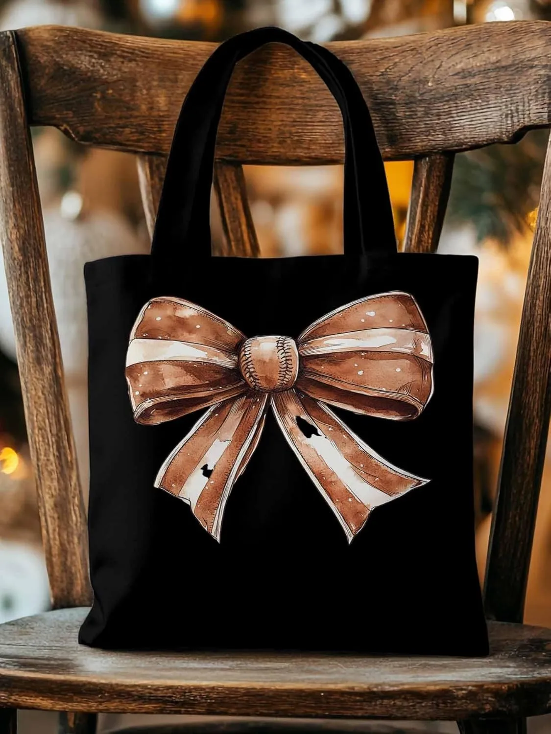 Canvas Tote Bag, Brown Bow Vintage Ribbon Aesthetic Canvas Tote Handbags for Women Shoulder Bag