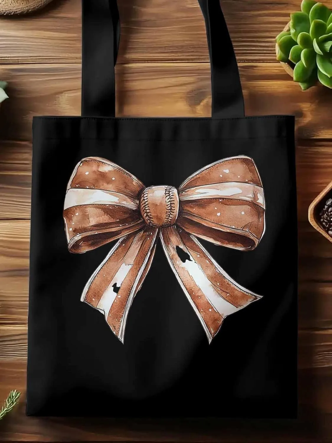 Canvas Tote Bag, Brown Bow Vintage Ribbon Aesthetic Canvas Tote Handbags for Women Shoulder Bag