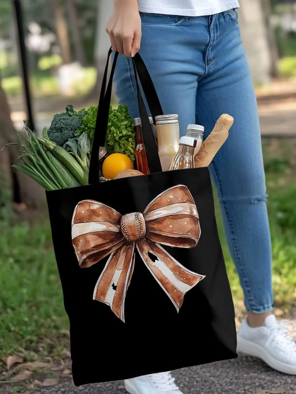 Canvas Tote Bag, Brown Bow Vintage Ribbon Aesthetic Canvas Tote Handbags for Women Shoulder Bag