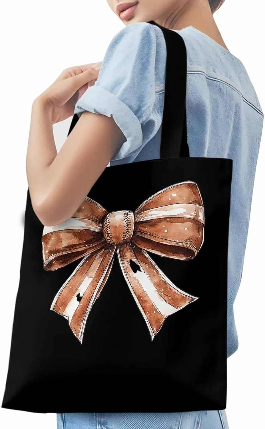 Canvas Tote Bag, Brown Bow Vintage Ribbon Aesthetic Canvas Tote Handbags for Women Shoulder Bag
