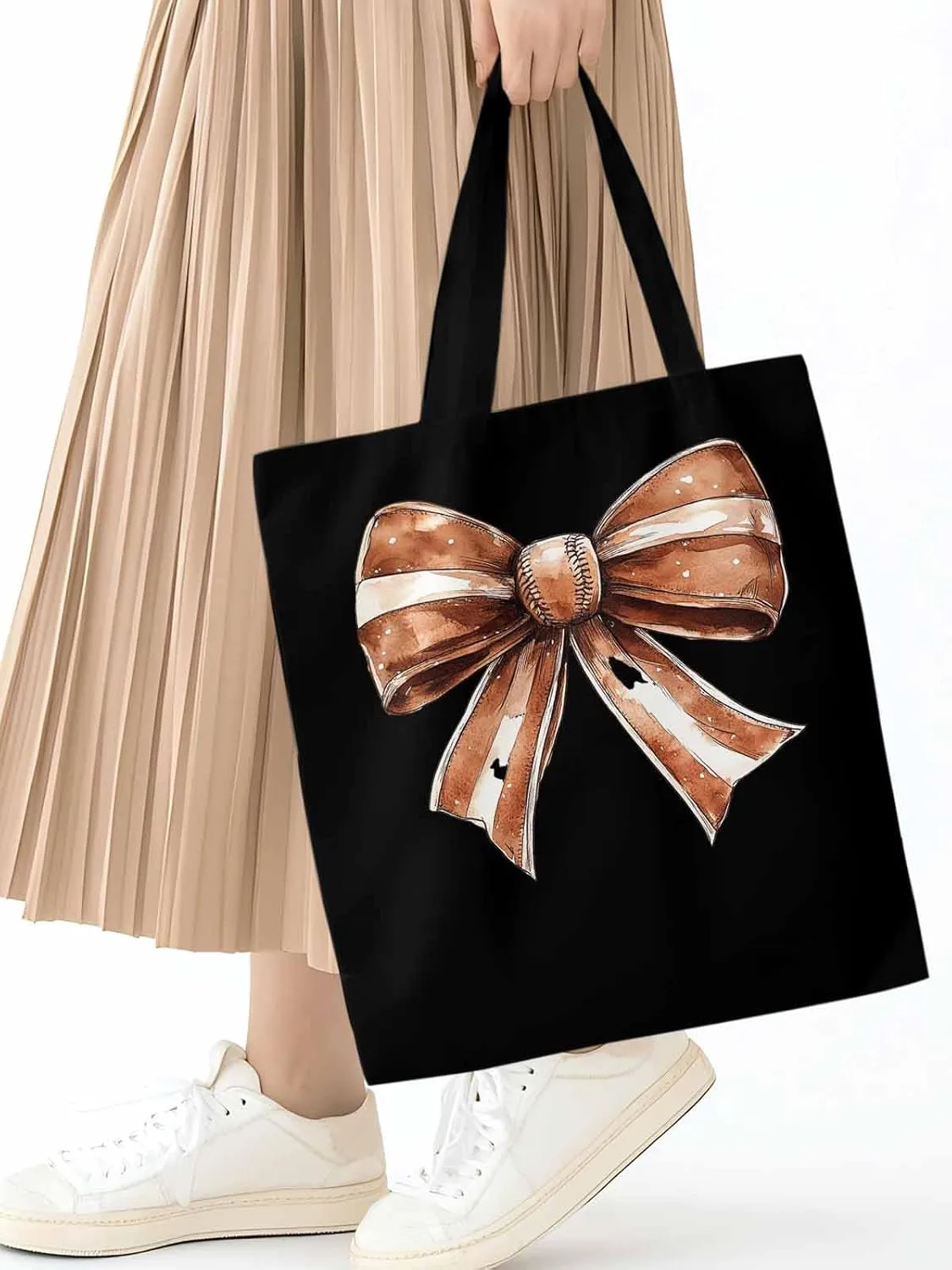 Canvas Tote Bag, Brown Bow Vintage Ribbon Aesthetic Canvas Tote Handbags for Women Shoulder Bag