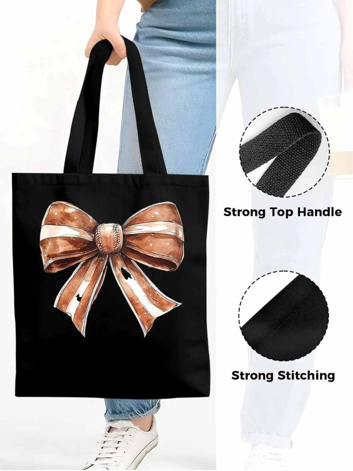 Canvas Tote Bag, Brown Bow Vintage Ribbon Aesthetic Canvas Tote Handbags for Women Shoulder Bag