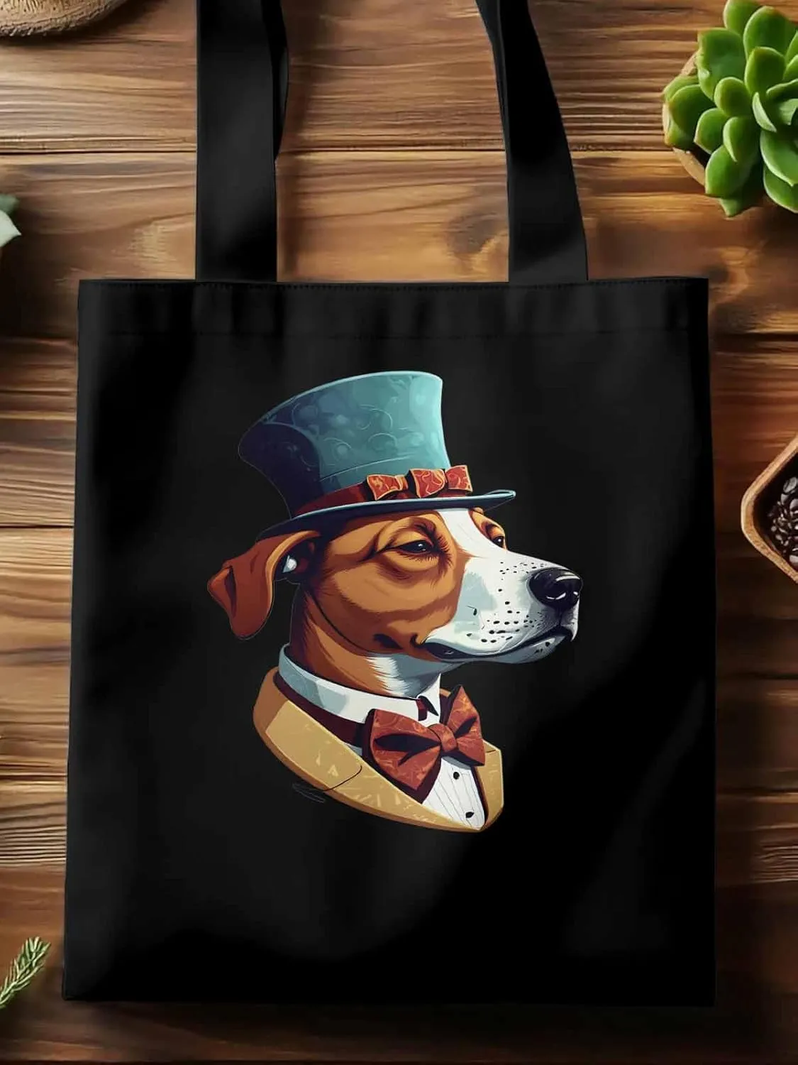 Canvas Tote Bag, Brown Dog with Hat Aesthetic Canvas Tote Handbags for Women Shoulder Bag,