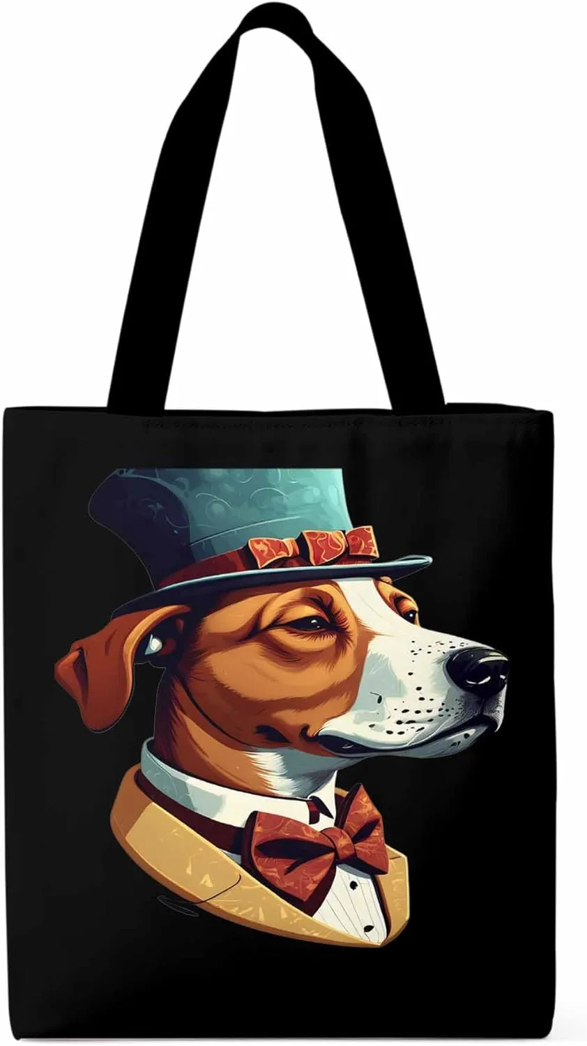 Canvas Tote Bag, Brown Dog with Hat Aesthetic Canvas Tote Handbags for Women Shoulder Bag,