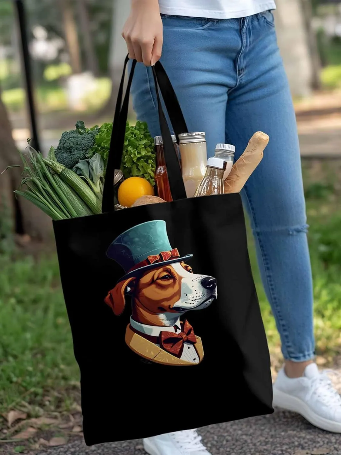 Canvas Tote Bag, Brown Dog with Hat Aesthetic Canvas Tote Handbags for Women Shoulder Bag,