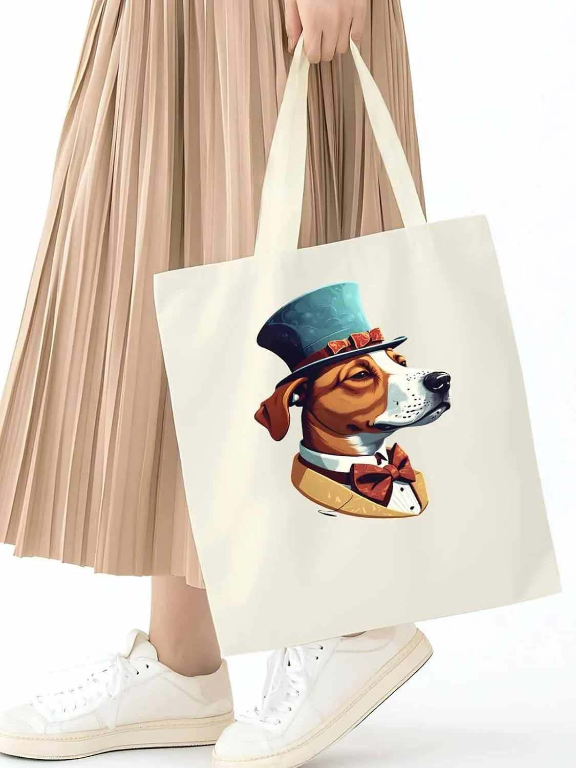 Canvas Tote Bag, Brown Dog with Hat Aesthetic Canvas Tote Handbags for Women Shoulder Bag,