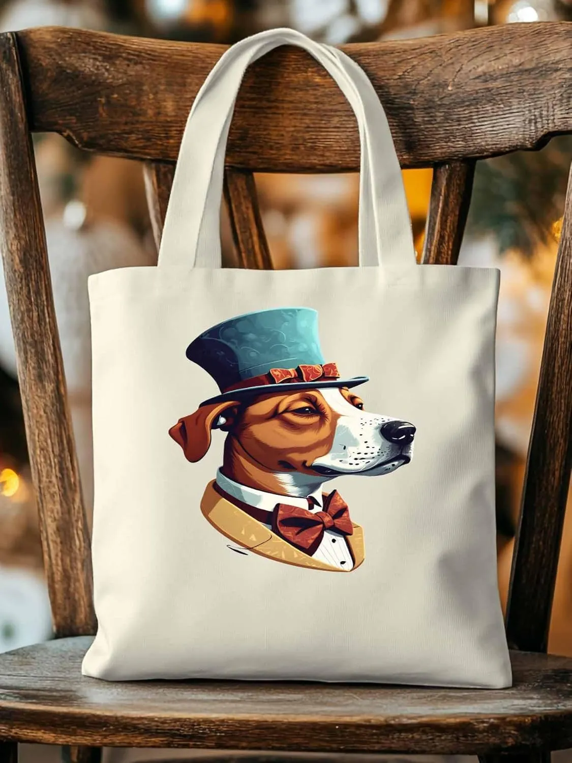 Canvas Tote Bag, Brown Dog with Hat Aesthetic Canvas Tote Handbags for Women Shoulder Bag,